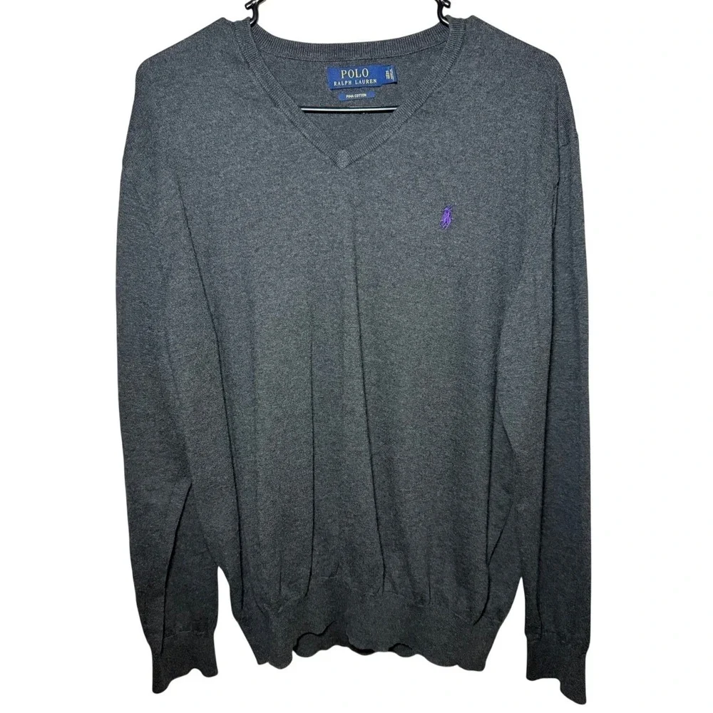 Ralph Lauren V Neck Sweatershirt Mens XL Dark Gray Pima Cotton